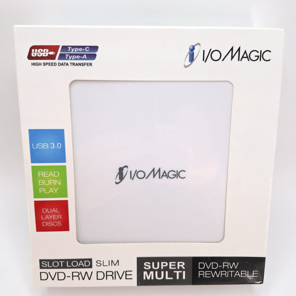Super Slim USB external DVD RW Drive - I/O Magic IDVD8P9WSL read & burn CD & DVD