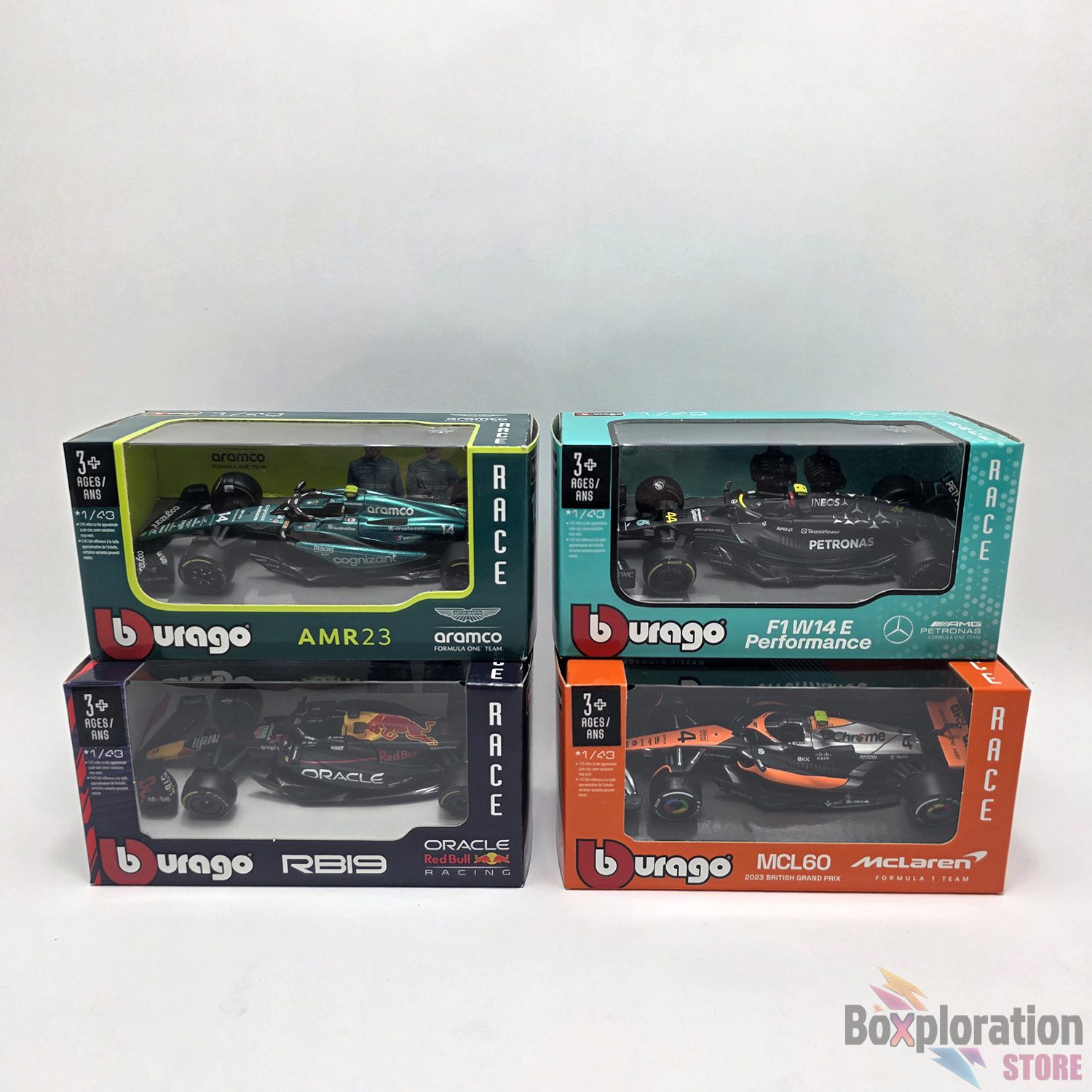 Bburago 1:43 Scale Formula 1 Die-Cast Collection Bundle (4 Cars) - Mercedes, McLaren, Aston Martin, Red Bull