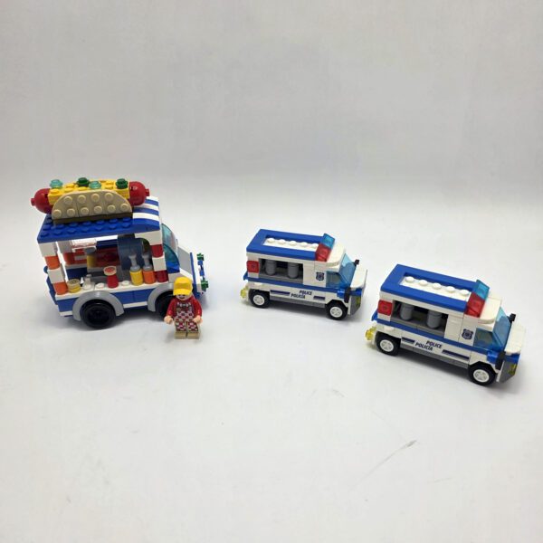 Lot of 3 Building-Block Vehicles (Hot Dog Food Truck & Police Vans)
